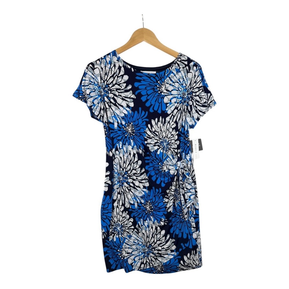 New Robbie Bee Floral Print Short Sleeve Dress size Small Petite Blue/White